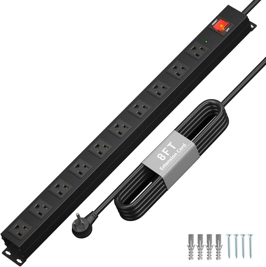 KF 10 Long Power Strip, Heavy Duty Surge Protector with 2100J, 15A/1875W Wall Mount Power Strip with Upgraded Switch, 14AWG 8FT Cord