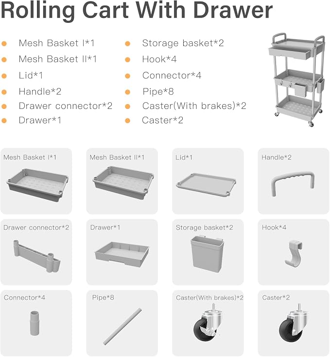3 Tier Rolling Utility Cart with Drawer,REBECAT Utility Cart Made of Multifunctional Storage Organizer Tool for Kitchen,Bathroom,Living Room,Office(Gray)
