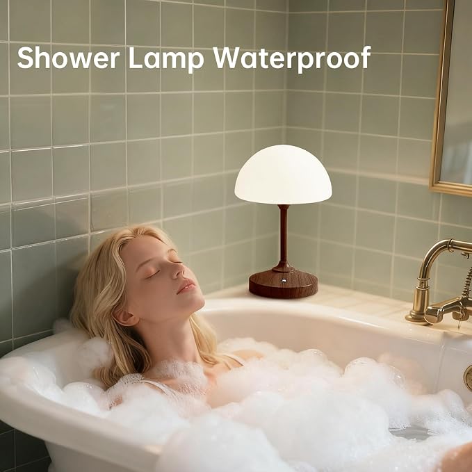 Mushroom Lamp Cordless Lamp Table Lamp,Outdoor Waterproof Shower Lamps,5000mAh Rechargeble Battery Operated Dimmable Touch Desk Lamps,LED Night Light for Bathroom Patio Camping Outdoor/Walnut