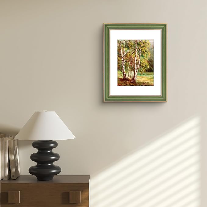 Golden State Art, 11x14 Photo Frame With Mat for Pictures 8x10 and Real Glass (Green With Gold Trim - White Color Mat, 1.25 Inch Frame Border)