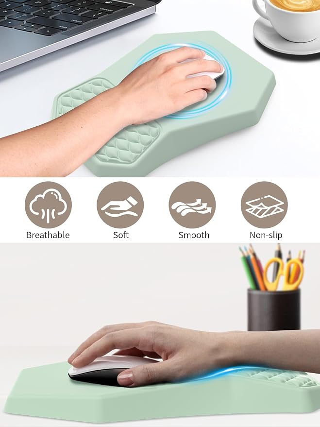 3-in-1 Ergonomic Keyboard Stand with Wrist Rest & Mouse Pad Set,Light Green | Comfy Keyboard Riser Holder Soft Mousepad with Massage Design, Memory Foam and Non-Slip PU Base for Pain Relief