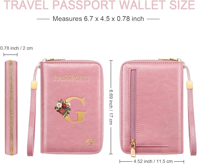 Passport Holder for Travel Personalized Wallet with Wristlet Women | All-in-One Passport Cover, RFID Blocking, Back Coin Pocket, Paper Money Slot, Zipper Closure, Roses Initial Letter, Pink G