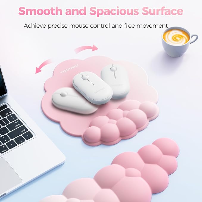TECKNET Cloud Wrist Rest & Ergonomic Mouse Pad, Cloud Keyboard Wrist Rest with Non-Slip Base, PU Leather Memory Foam Wrist Pad for Keyboard and Mouse, Pain Relief for Typing, Gaming, Pink
