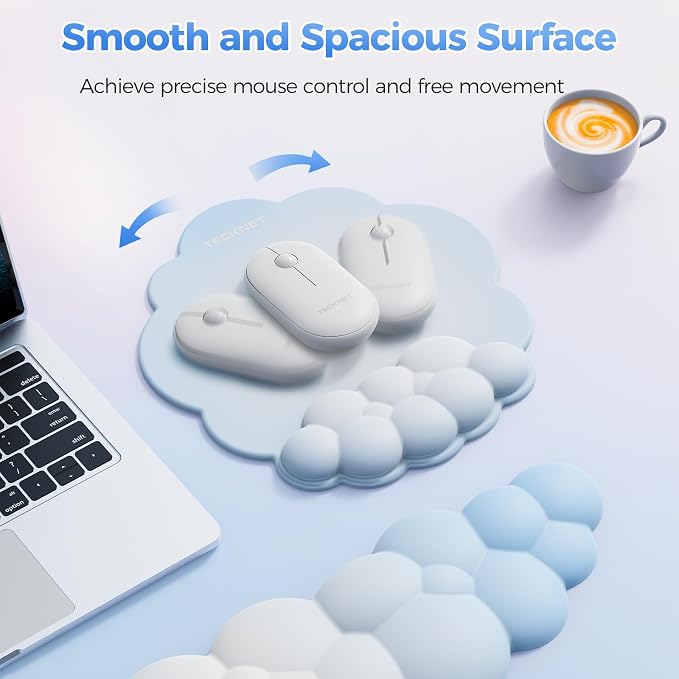 TECKNET Cloud Mouse Pad with Wrist Rest, Ergonomic Cloud Wrist Rest with Non-Slip Base, PU Leather Memory Foam Mouse Pad Wrist Support for Keyboard and Mouse, Pain Relief for Typing, Gaming, Blue