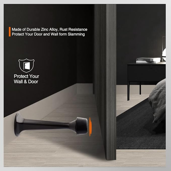 6 Pack Solid Rigid Door Stops - Heavy Duty Door Stoppers Wall Protector with Soft Rubber Tips, Black