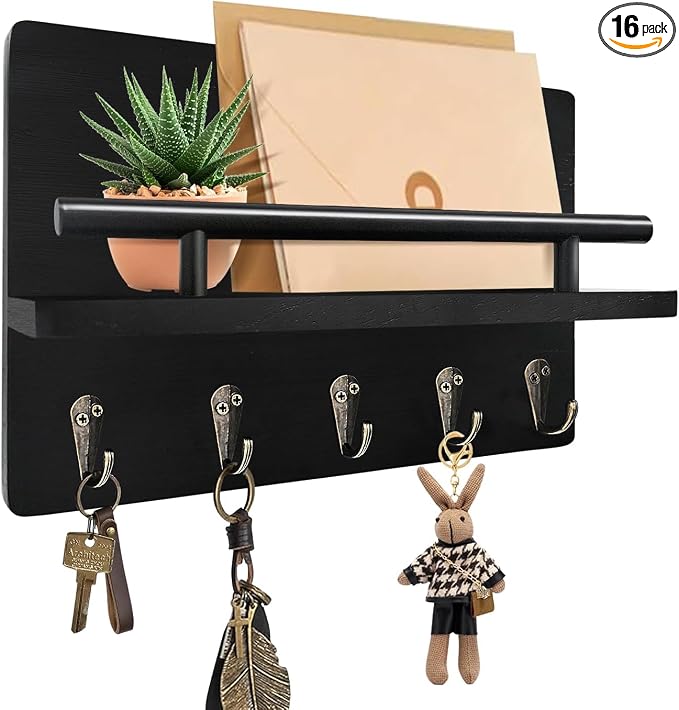 Key Holder Wall Mount with Shelf & 5 Sturdy Hooks, Rustic | Mail Organizer Hanging Dog Leash, Glasses, Wooden Key Hanger with Mounting Hardware