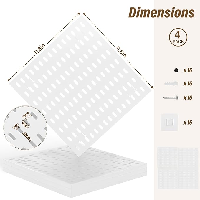 AKTOP Modular Plastic Peg Board Wall Organizer, 4 Pack, 12"x12", White | ABS Material, Adhesive or Drill Mounting, Ideal for Office, Gaming Room, Craft Room