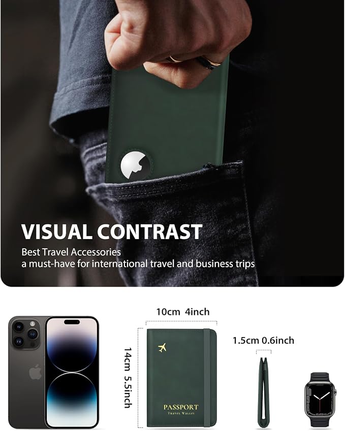 Stouchi AirTag Passport Holder – Slim RFID Travel Wallet | Ultra-slim, Waterproof PU Leather, 5 Card Slots, RFID Blocking, AirTag Slot – Perfect for US Passports