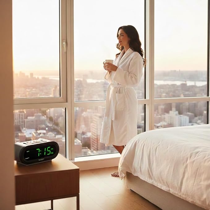 Sharp AccuSet Automatic Smart Alarm Clock – Self-Setting Digital Clock, Auto Time & DST Adjustment, Easy-Read Green LED Display, Battery Backup, Simple Plug-and-Play Clock for Seniors & Bedrooms