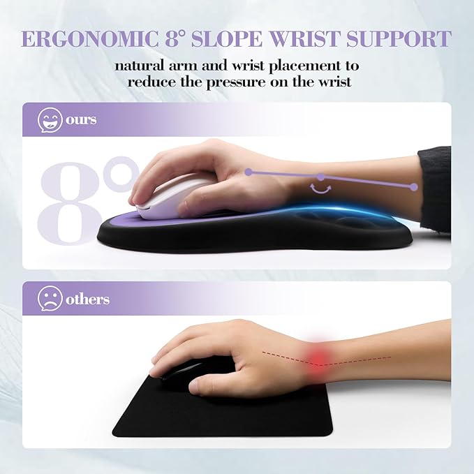 Ergonomic Mouse Pad with Wrist Rest Sloped Massage Design (Black + Purple) | Soft Comfortable Memory Foam Wrist Support for Pain Relief, Non-Slip PU Base, Office, Home, Gaming Mousepad for Desk
