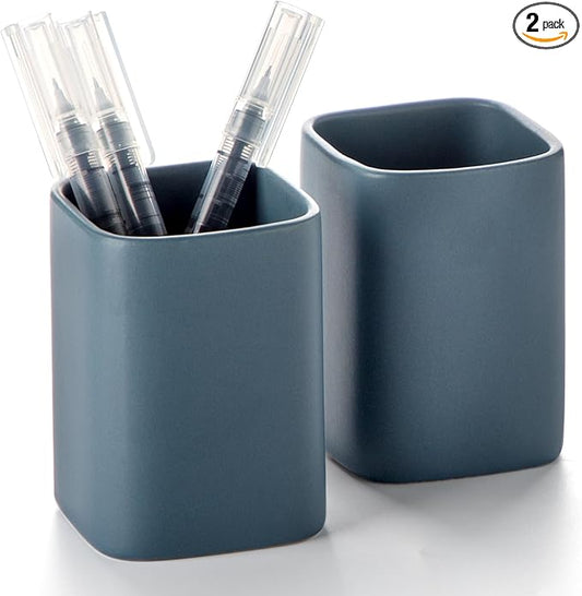 Pen Holder, 2 Pack Pencil Holder for Desk,Ceramic Pencil Cup Desk Organizer, Makeup Brush Holder Cute, Stationery Accessories for Office, School, Home (Matte blue)