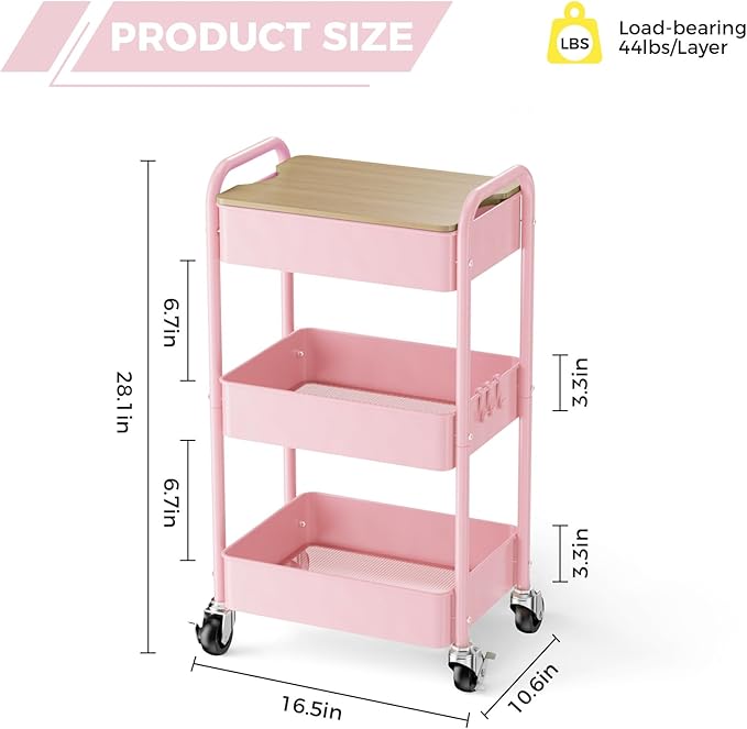 3-Tier Rolling Cart with Table Top, Metal Utility Cart on Wheels | Sturdy Storage Organizer Cart with Lockable Wheels&Hooks for Craft, Office, Classroom, Kitchen and Bathroom, Pink