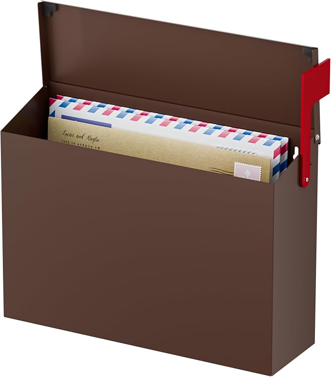 Wall-Mount Mailbox for Outside, Large Capacity Rust-Proof Mail Box with Stay-Open Lid & Red Flag Kit, Galvanized Steel Weather-Resistant Post Box for House Outside, 10.5"x4.3"x14.2", Brown