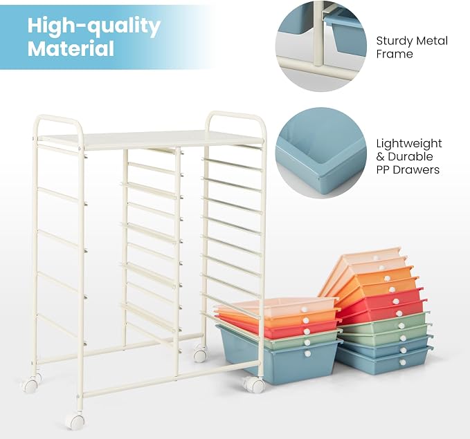 BECOMFORT 15-Drawer Rolling Cart with Drawers, Storage Cart on Wheels, Teacher Classroom Organizers with Metal Frame, Mobile Craft Cart for Tools, Trolley Utility Cart for School Office Play Room