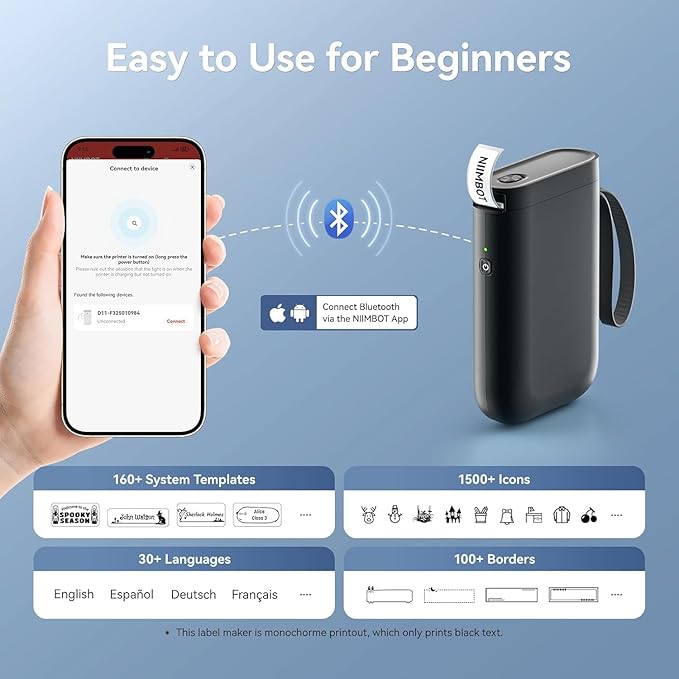 DEEPIN Label Maker Machine Portable Bluetooth Label Maker with Tape, Thermal Label Printer Multiple Templates for Phone, Mini Label Sticker Printer for Business Office Organization Black