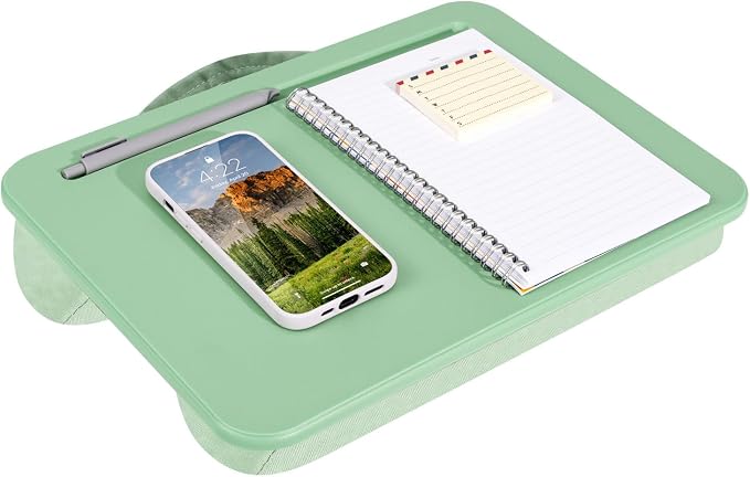 LAPGEAR Compact Lap Desk – Sage Green, Fits 14" Laptops | Microbead Cushion, Built-In Pencil Slot, Carry Handle, Fits Standard Letter-Size Paper (8.5" × 11")