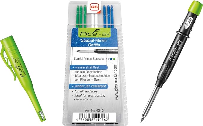 Pica 3030 + 4040 Dry Pen including Special Lead Base Set, Carpenter's Pencil, Green, Blue, White