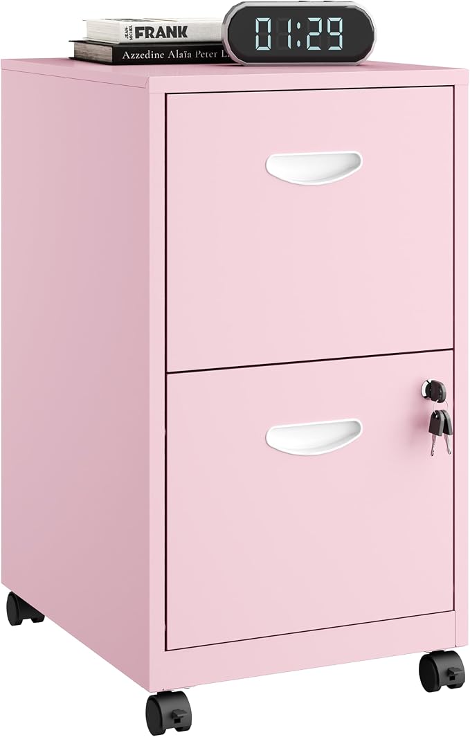 Polup 2 Drawer Rolling File Cabinet with Lock for Home Office | Metal Mobile Filing Cabinet on Wheels, Small Under Desk Storage, Fits Hanging Letter Size, Printer Stand, Pink