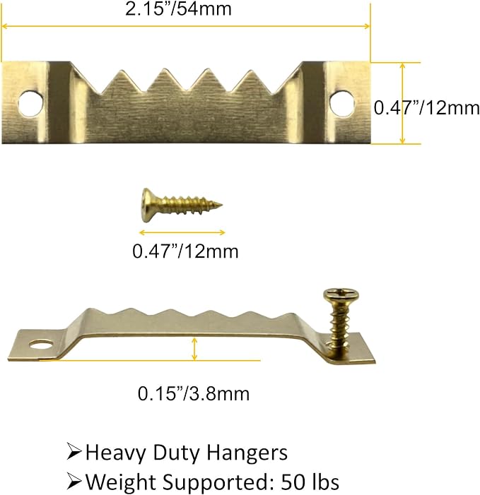 30 Pack Large Sawtooth Picture Hangers Steel Picture Hanging Picture Frames Hangers with Screws Picture Hang Solutions, for Hanging Artwork Picture Frame Hook Photos (Gold，Supports 50 lbs)