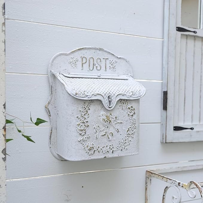 Wall Mount Mailboxes for Outside Vintage Mail Boxes for House Outside Metal Door Mailbox Drop Box Antique Style Nostalgic Charm Home Decorative, White Gray