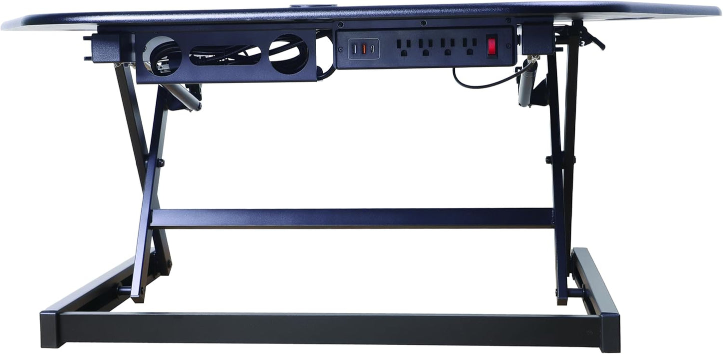 Rocelco 46" Height Adjustable Corner Standing Desk Converter with AC Outlet USB Charger and Dual Monitor Arm Mount - Stand Up Tabletop Riser Workstation - Keyboard Tray - Black (R CADRB-46-ACUSB-MA2)