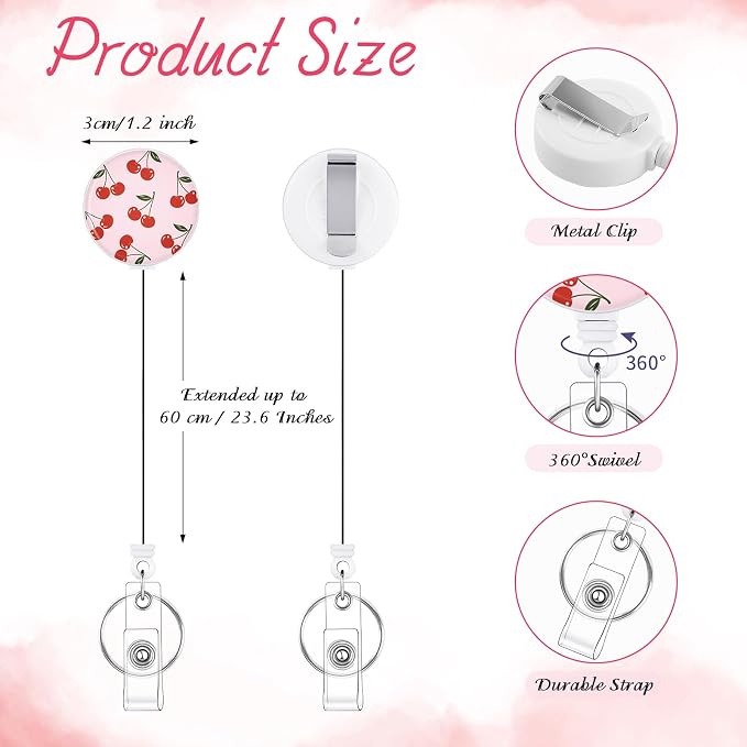 BESARME 3 Pack Badge Reels Retractable Badge Clip with Key Ring Retractable Badge Holders for Office Worker Teacher Nurse Student（Pink Flower）