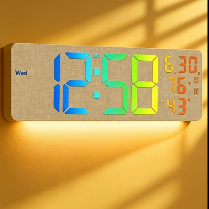 MASHI 2026 Upgrade 17.3" Large Digital Wall Mount Clock, Digital Clock with Remote Control, Alarm, Big LED, RGB Color, DST, Temperature for Living Room,Classroom, Bedroom, Decor (Beige)