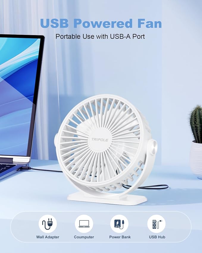 TriPole Desk Fan USB Powered Small Portable, 360°Rotation Mini Personal Fan | White, 3 Speeds Plug In USB Fan, Desk Fans Small Quiet, 4.9ft Cable, Strong Breeze for Desktop Bedroom Office Table Travel