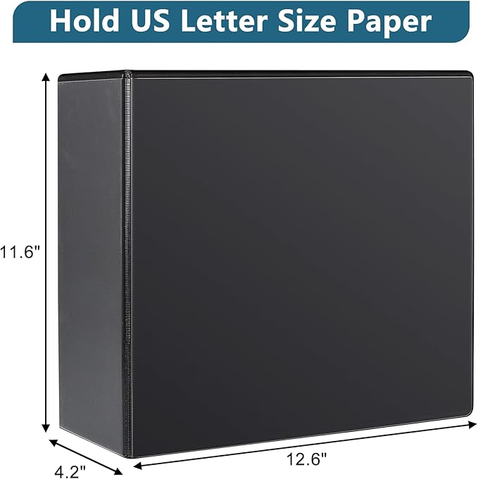 4" 3 Ring Binder, Standard 4-Inch Slant-D Ring Binder Fit Letter Size Paper, Presentation View Binders, 6 Packs, Black