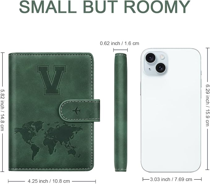 Passport Holder Wallet Cover Personalized Initial Travel Essentials | Embossed Letter A-Z Design, Travel Wallets, RFID Blocking, Passport Book Holders, Women and Men, Personalized Gifts, Green-V