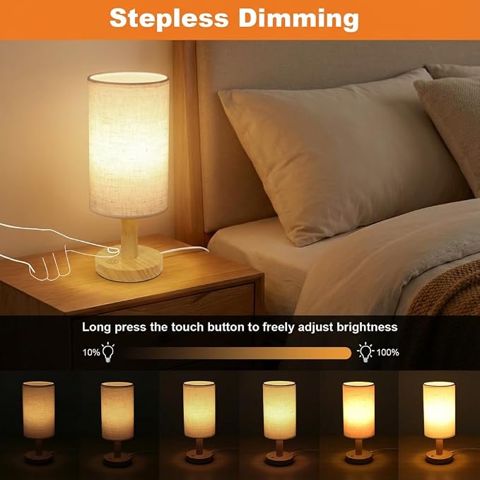 Touch Bedside Table Lamp - Stepless Dimming USB Powered, Minimalist Wood Base Linen Shade, 2700K Warm Light for Bedroom Nightstand Nursery Dorm Small Spaces, 5W LED 50K Hrs (No Bulb Replacement)