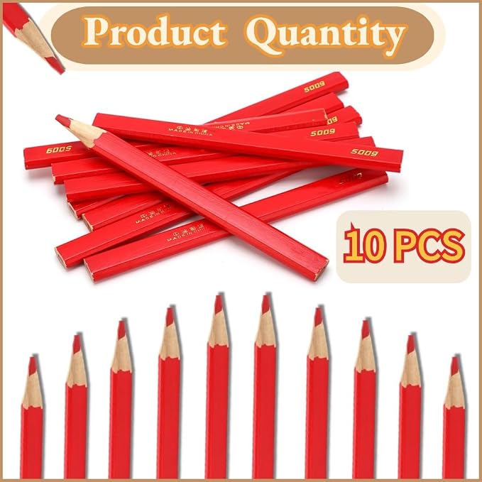 Carpenter Pencils, 10 Red Octagonal Hard Pencils for Woodworking & Concrete Marking