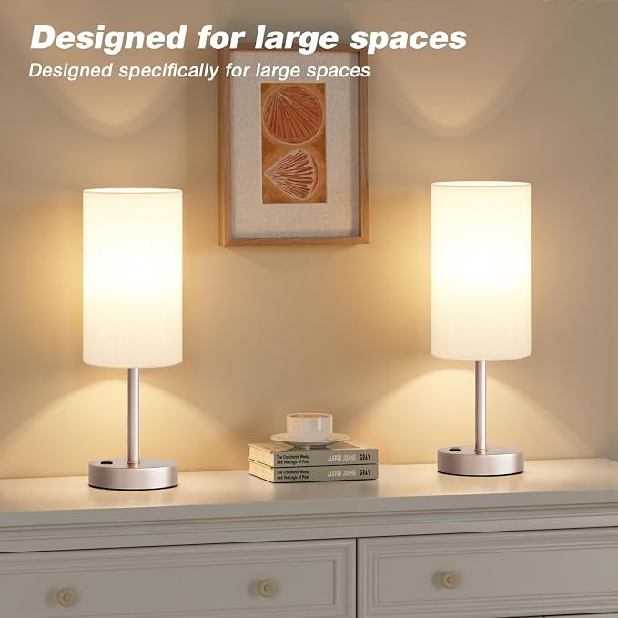 Antique White Bedside Table Lamp for Bedroom - 3 Way Dimmable Touch Lamp USB C Charging Ports and AC Outlet, Small Lamp Gold Base Round Flaxen Fabric Shade for Living Room, Desk