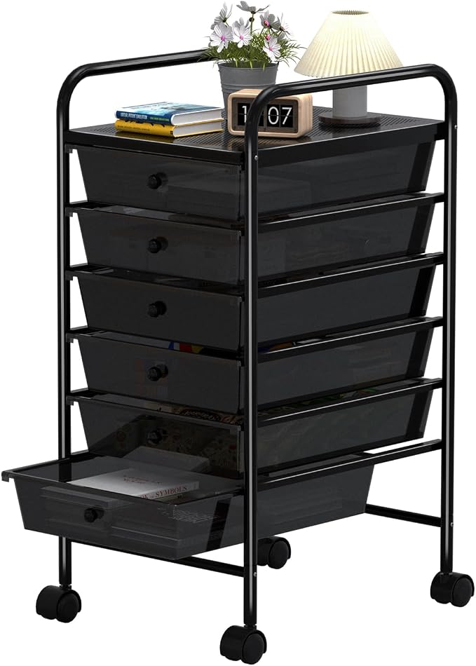 6 Tier Utility Rolling Cart with 6 Drawers Multipurpose Rolling Storage Cart with Wheels and Handles for Office Classroom Kitchen Bathroom Bedroom Organization Black