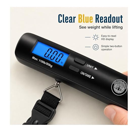 Digital Luggage Scale, Backlit LCD, 110lb, Hook | Handheld hanging suitcase scale, tare function, auto shut-off, battery included, 2 bonus luggage tags, secure locking hook