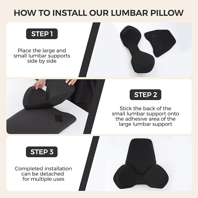 BEBAS Ergonomic Memory Foam Extended Lumbar Support Pillow for Car, Black | Extended Full Back Support, 2-in-1 Detachable Design Lumbar Cushion, Breathable Washable Cover, Fits for Driving, Office