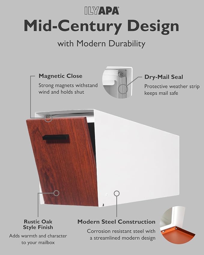 Ilyapa Modern Mailbox with Angle Design Post Mount - White Powder Coated Metal Mailbox with Wood Door - Waterproof for Parcels, Magnetic Close Door