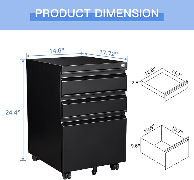 3 Drawer Mobile File Cabinet with Lock, Black Under Desk Rolling Filing Cabinet, Metal Locking File Cabinet on Wheels for Legal/Letter/A4 File (Required Assemble)