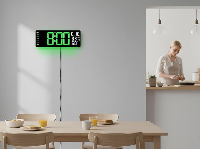 17.5 Inch Green LED Digital Wall Clock with 8 Ambient Light Colors｜Displays Time,Date,Day,Temperature&Humidity,Dual Alarms,Countdown&Stopwatch,DST,10-Level Auto/Manual Brightness｜Modern Silent Clock