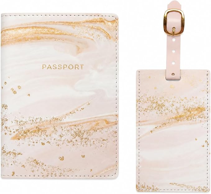 WORD TRAVELER Passport Cover Holder And Luggage Tag Set In Gift Box | Faux Material, Adjustable Buckle Strap, Privacy ID Window, Slim Lightweight Build for Easy Carry