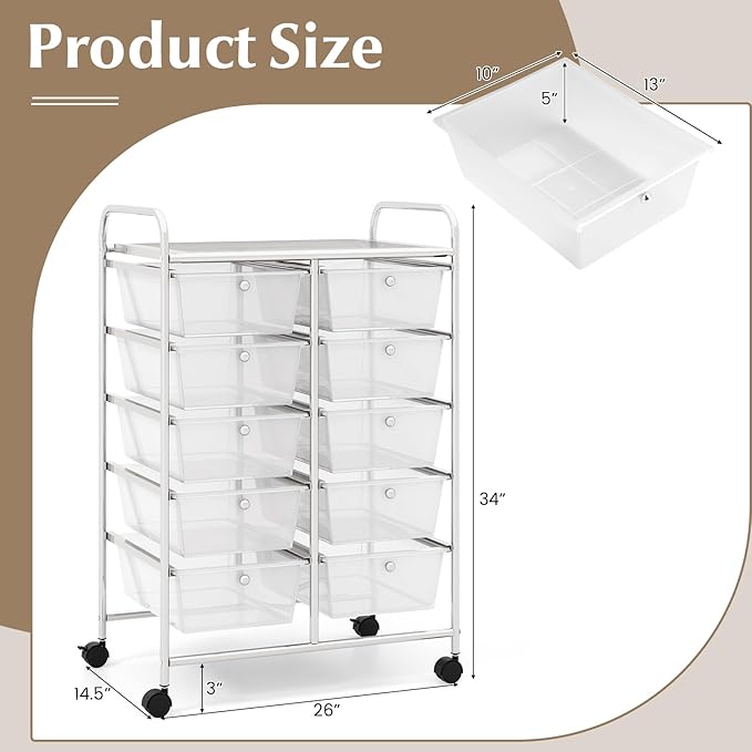 COSTWAY 10 Drawer Rolling Storage Cart, Utility Cart with Lockable Wheels | Mobile Art Supply Craft Organizer with Metal Frame, Multipurpose Drawer Cart for Paper for Office, School, Transparent