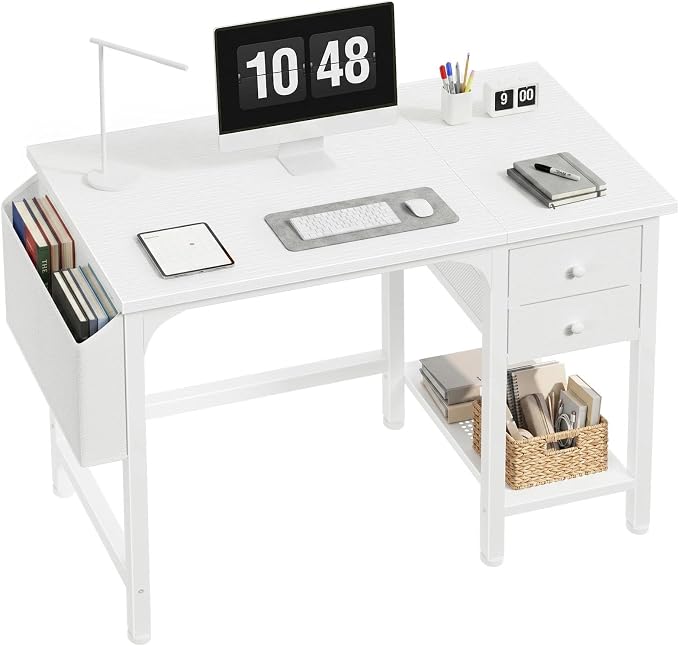 Lufeiya White Small Desk with Drawers - 40 Inch Computer Desk for Small Space Home Office, Modern Simple Study Writing Table PC Desks