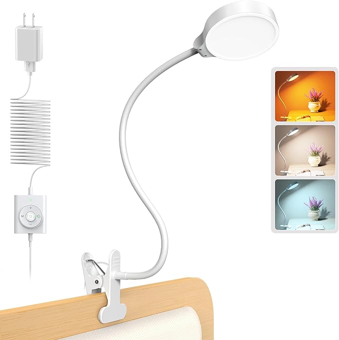 Glocusent 5W 36 LED Reading Clip on Light for Bed, Eye Caring Bed Lamp, 3 Colors & 5 Brightness Levels for Headboard with Adapter, Perfect for Reading, Working & Studying (White)