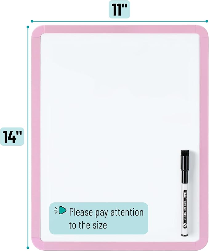 Mr. Pen- Dry Erase Board, 14” x 11” with a Black Dry Erase Marker | Pink Frame, Small Mini White Board for Students, Fridge, Wall, Locker, Includes Double Sided Tapes