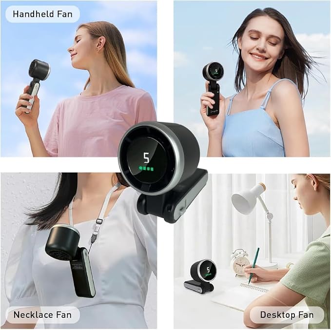 Portable Handheld Turbo Fan 3-in-1, Battery Operated with 5-Speed, 20H Runtime, Air Turbo Tech Cooling for Outdoor, Travel, Office, Rechargeable Personal Fans (Black)