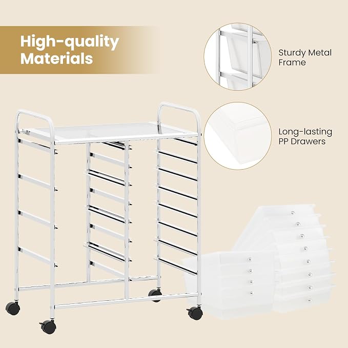 BECOMFORT 15-Drawer Rolling Cart with Drawers, Storage Cart on Wheels, Teacher Classroom Organizers with Metal Frame, Mobile Craft Cart for Tools