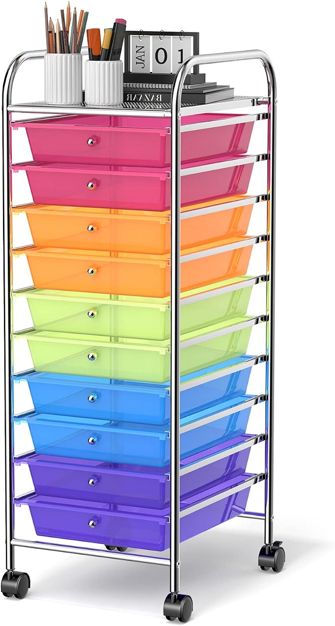 GLACER 10 Drawers Rolling Cart, Storage Cart with w/Removable Drawers & Steel Frame, Utility Mobile Trolley w/Universal Casters & 2 Brakes, Organizer Cart for Home, School, Office (Rainbow)