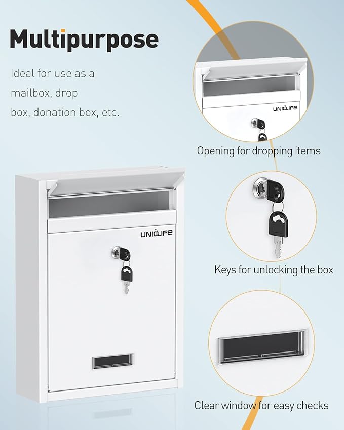 Uniclife Wall Mount Mailbox for Outside, Locking Mailbox, Large Mailbox with Key Lock, Security Mail Box for House, Safe Key Drop Box, Post Box, Steel Cash Drop Box for Home Office School, White