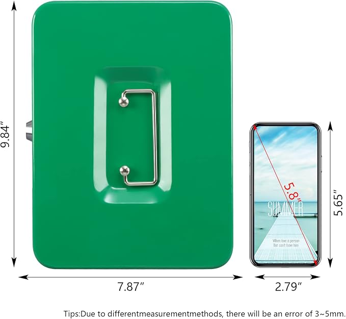 KYODOLED Large Lock Box with Money Tray,Storage Cash Box with Lock,Safe Metal Box for Money,9.84"x 7.87"x 3.54" Green Large