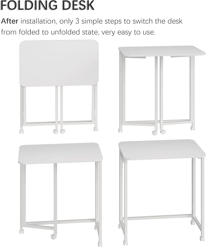 4NM 23.6" Mobile Small Rolling Computer Desk, Folding Laptop Cart Table with Wheels, Portable Office Desk for Small Space Couch Bed - All White